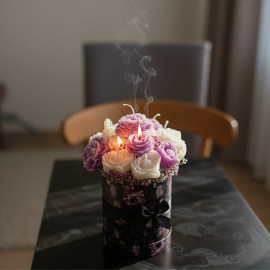 Luxury flower candle bouquet in medium size with purple flower shaped candles arranged in box