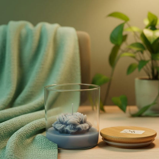 Candle in a glass holder on a wooden surface with a green towel and plant in the background