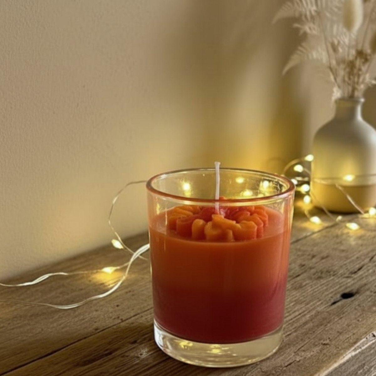 Hand-poured radiance duo-tone soy candle featuring red and orange hues, long-lasting and elegant