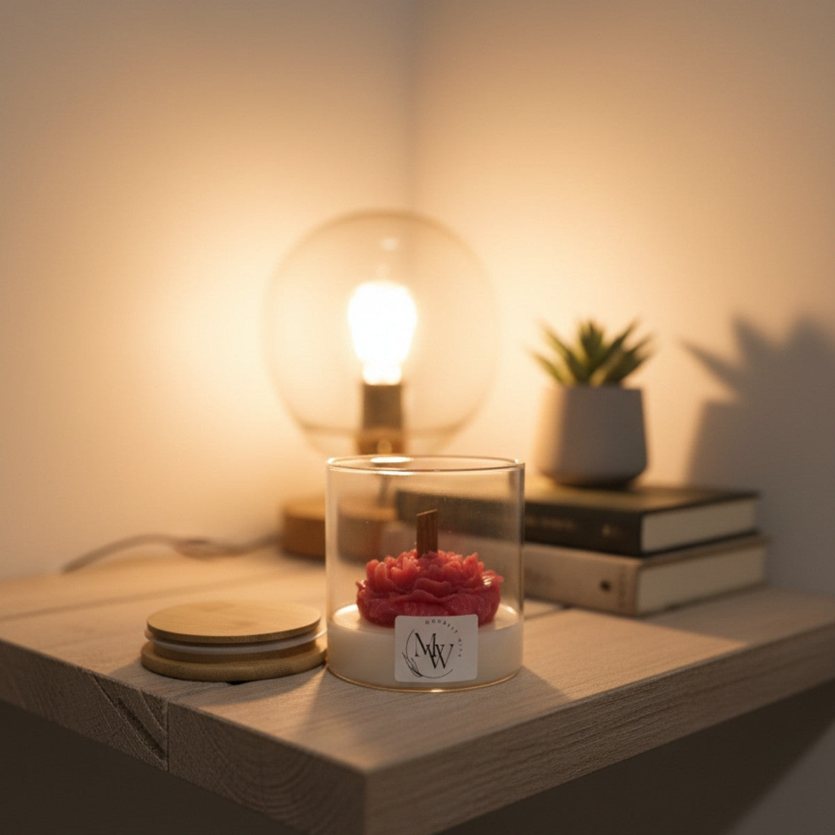 Velvet rose candle jar displayed on a shelf with cap placed on the side