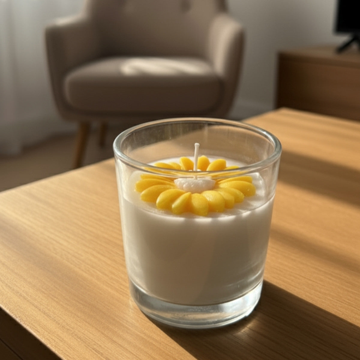 Glass candle with a sunflower design on a wooden table for cozy spaces