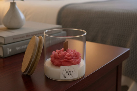 Moonlit Wick velvet rose candle in minimalist glass jar, floral fragrance
