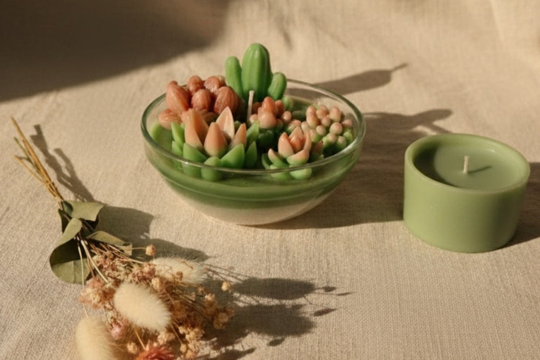 succulent garden candle decor idea for calm and cozy home atmoshphere