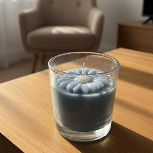 
Elegant blue nd white soy candle in a glass jar, perfect for home decor and gifting