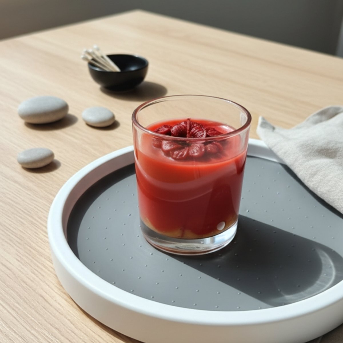 Glass of red soy candle on a gray tray with a wooden surface and stones in the background
