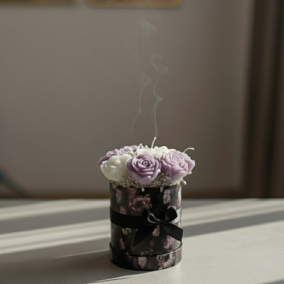 Luxury flower candle bouquet in small size, purple flower-shaped candles in elegant gift box