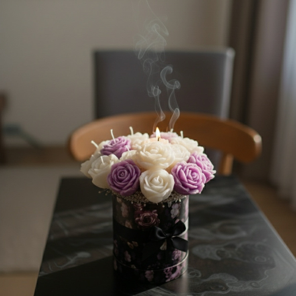 
Luxury flower candle bouquet in large size featuring purple flower-shaped candles in elegant gift box

