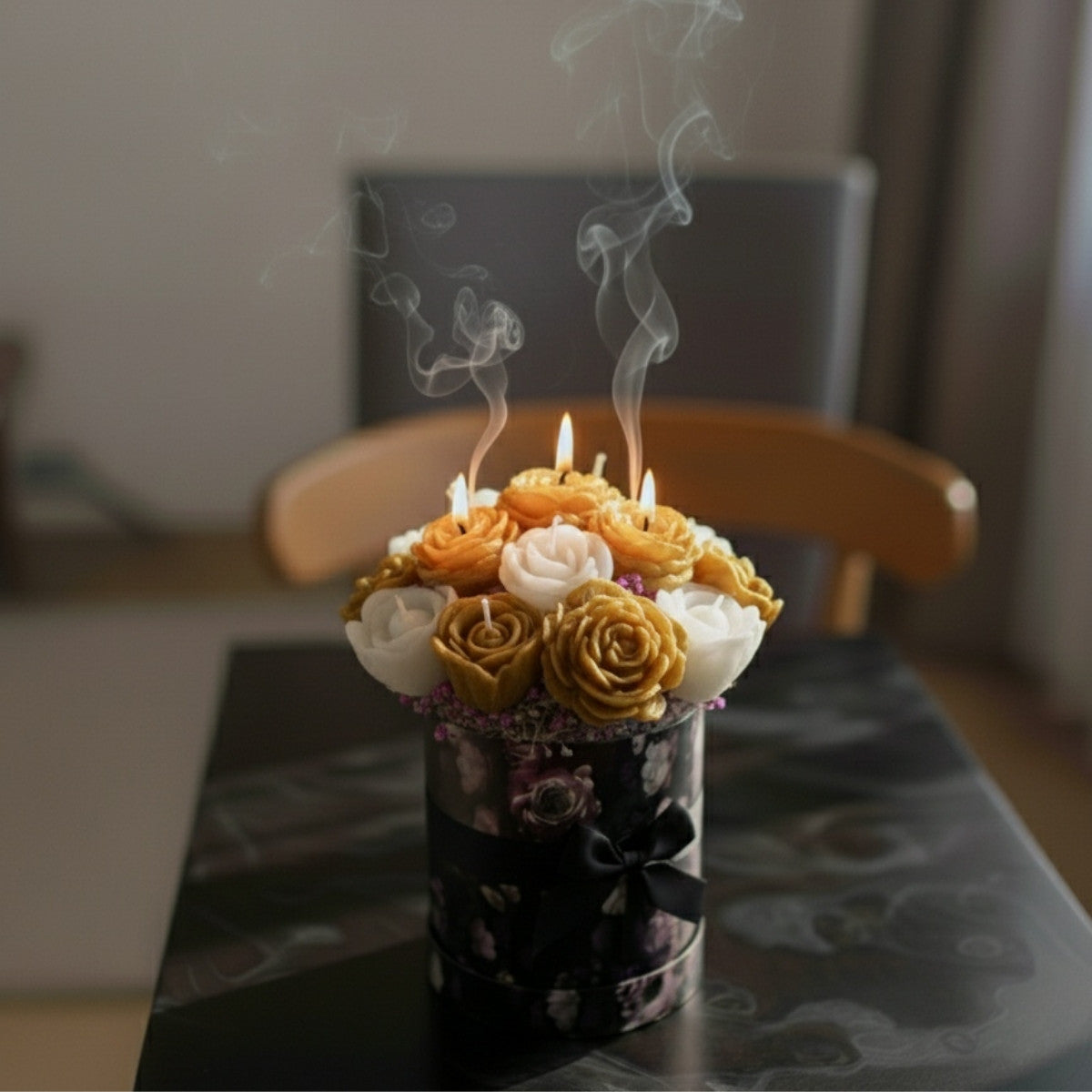 Large luxury golden flower candle bouquet with multiple hand-poured candles in elegant presentation box