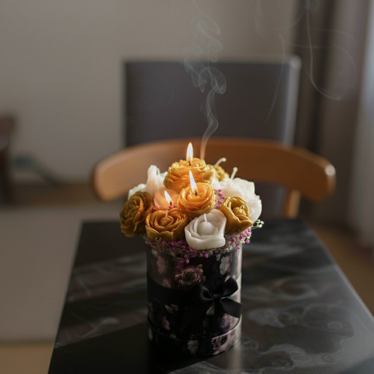Medium size luxury bouquet featuring golden flower candles arranged beautifully in decorative box