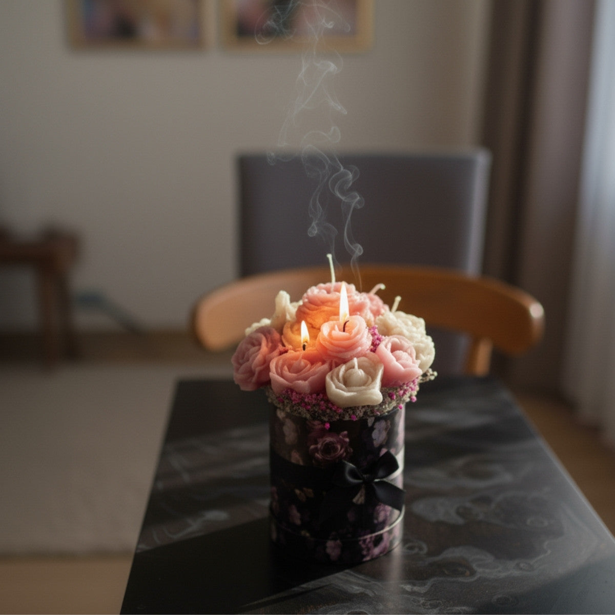 Decorative candle bouquet arrangement with flowers on a table in a room , perfect for gifting 