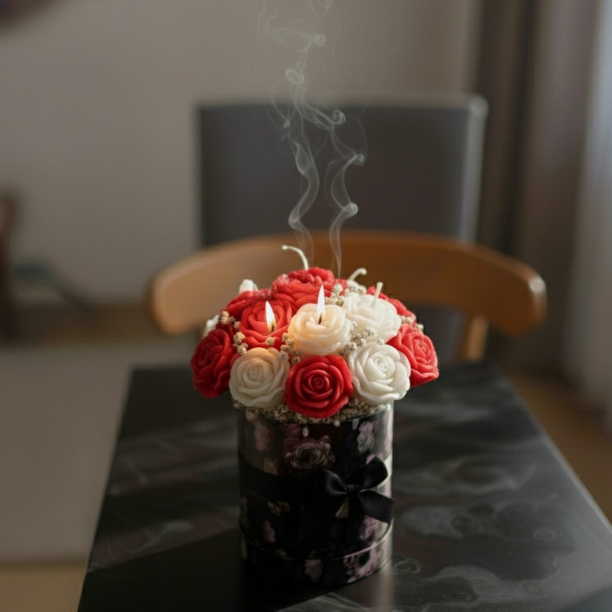 Large luxury flower candle bouquet with red hand-poured candles in an elegant presentation box
