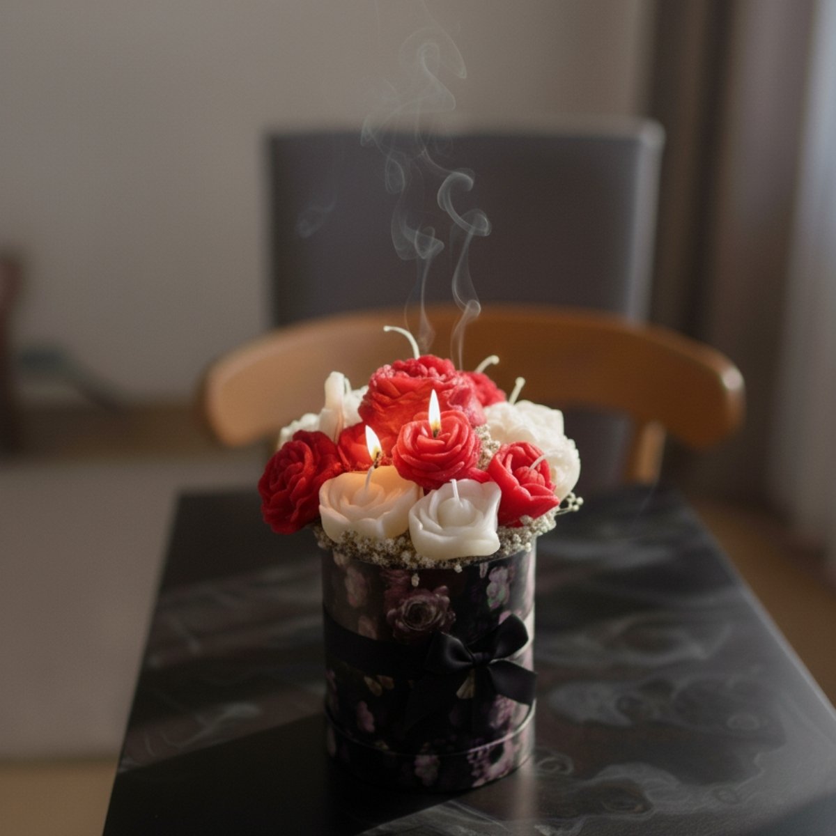 Medium luxury candle bouquet featuring red flower candles arranged in decorative box