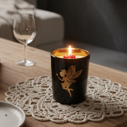 Magical airy candle in black jar with golden fairy design on the outside