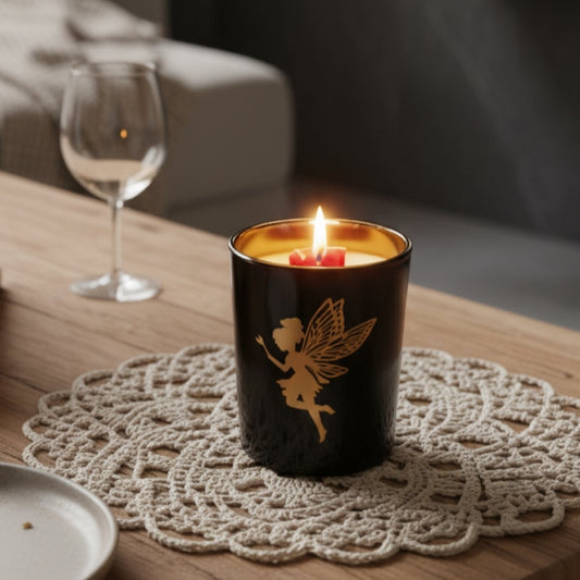 Magical airy candle in black jar with golden fairy design on the outside