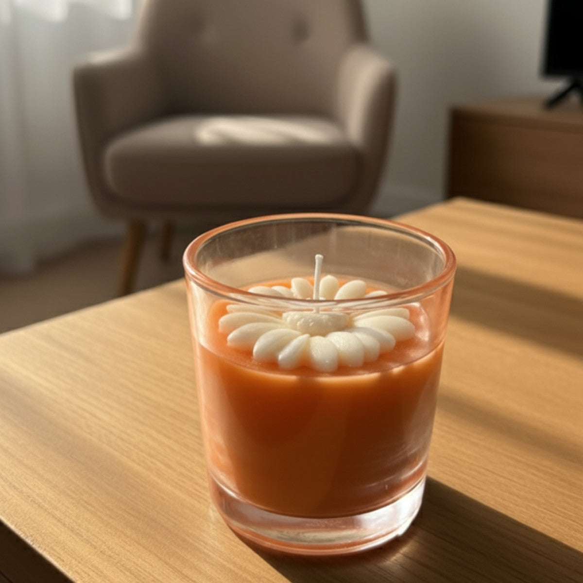 Orange and white soy candle with a warm-tone blend, ideal for festive vibes