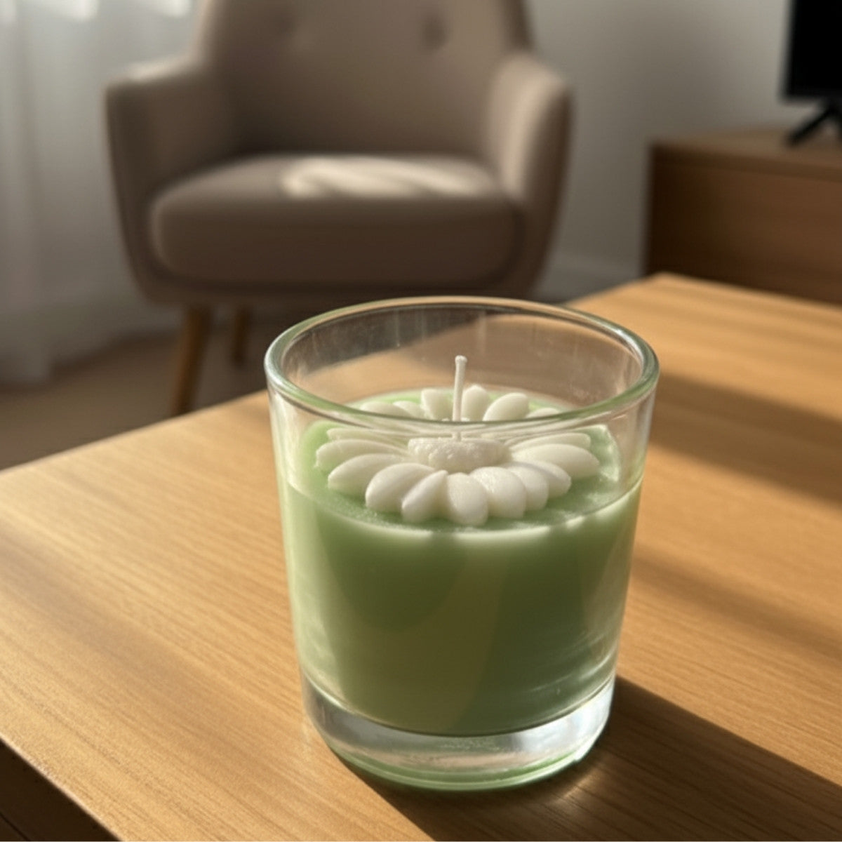 Pistachio green and white soy candle giving a fresh, natural look for modern interiors