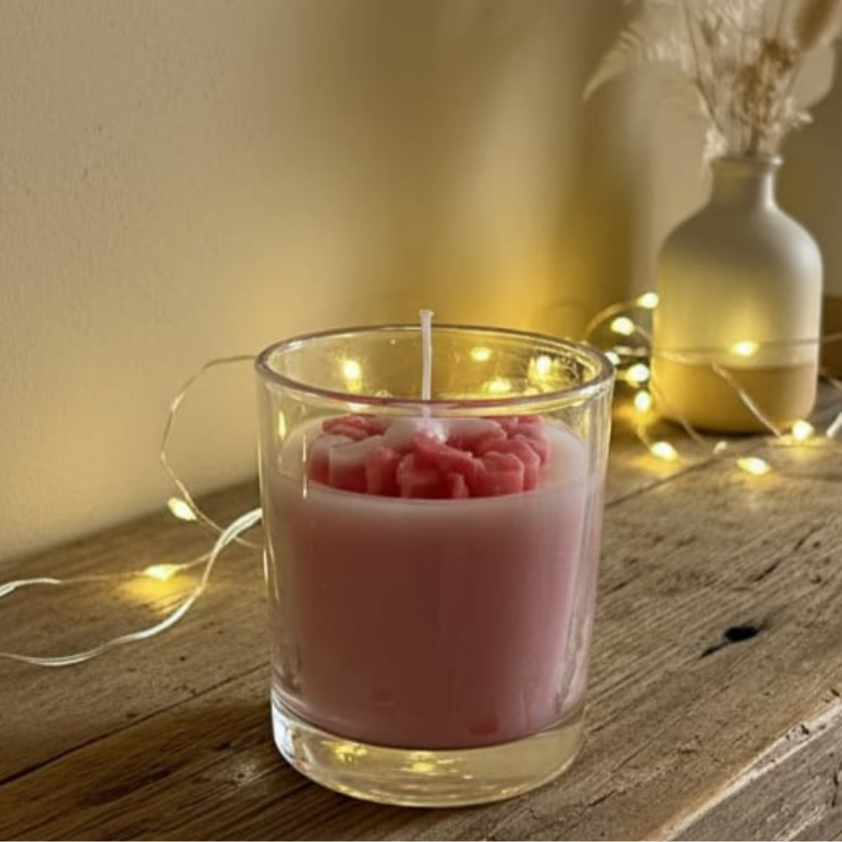 Radiance duo-tone soy candle pink and white sunflower-inspired design, hand-poured decorative candle