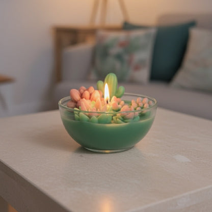 Candle shaped like a cactus on a glass base in a living room setting