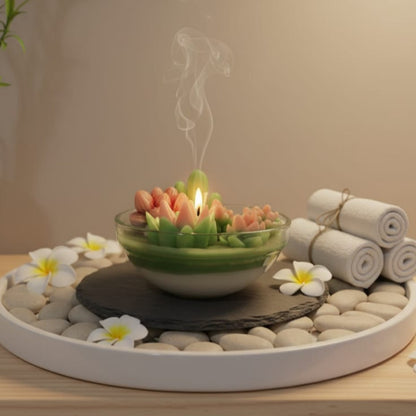 Candle with fruit in a bowl on pebbles with flowers and rolled towels in the background