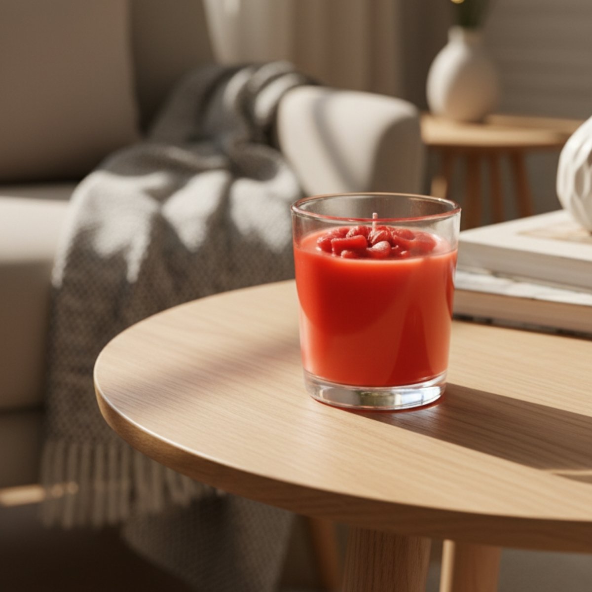 Red candle in a glass holder on a wooden table with a cozy living room background