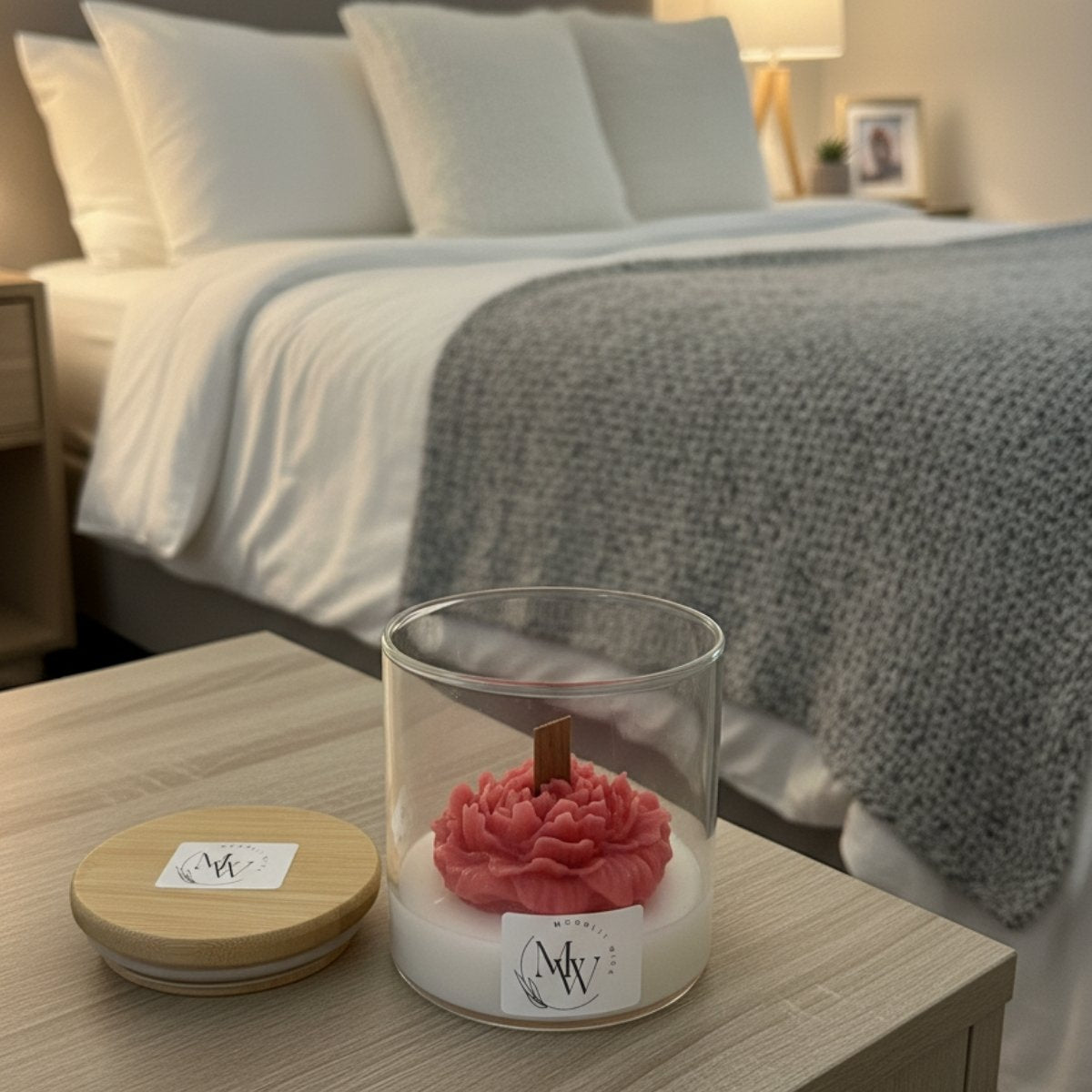 Velvet rose candle placed on a side table with wooden cap beside it