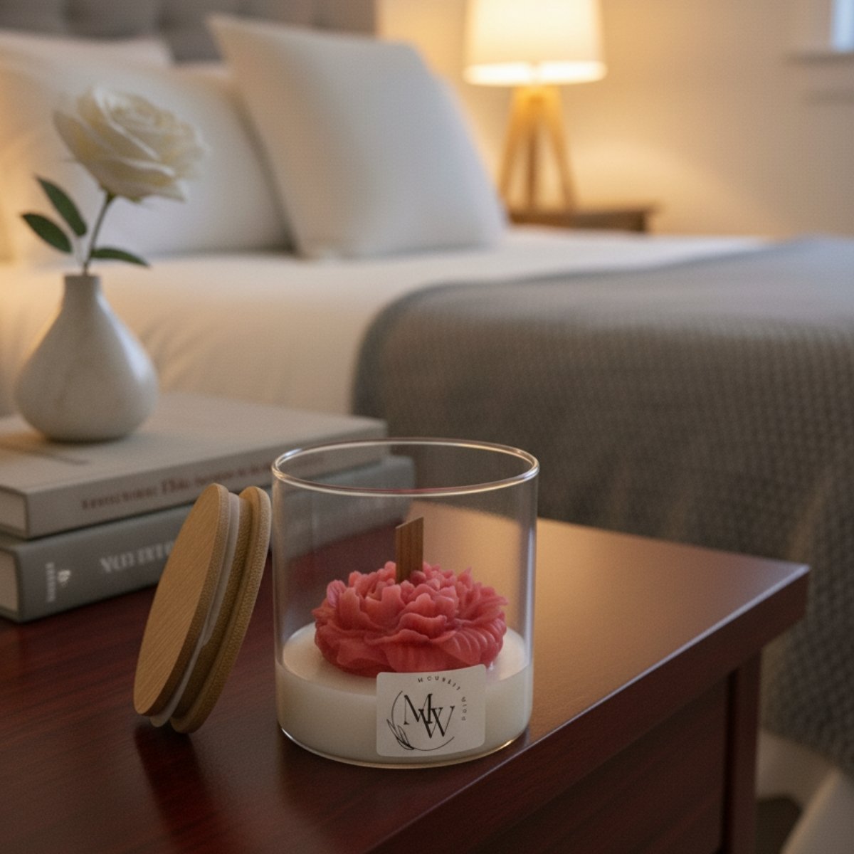 Velvet rose soy candle in a jar with the wooden cap standing upright beside it