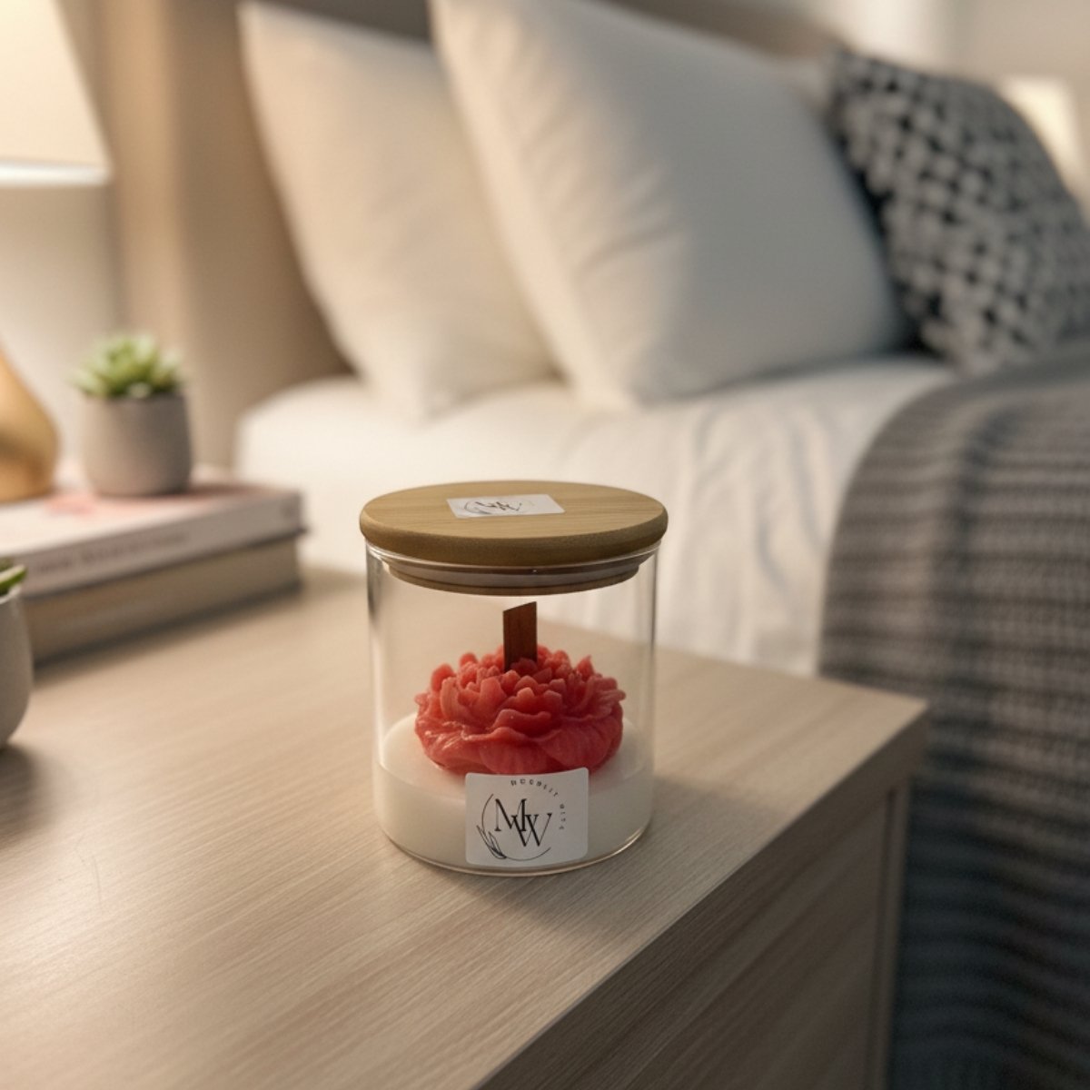 Velvet Rose soy candle in glass jar with a wooden cap on top